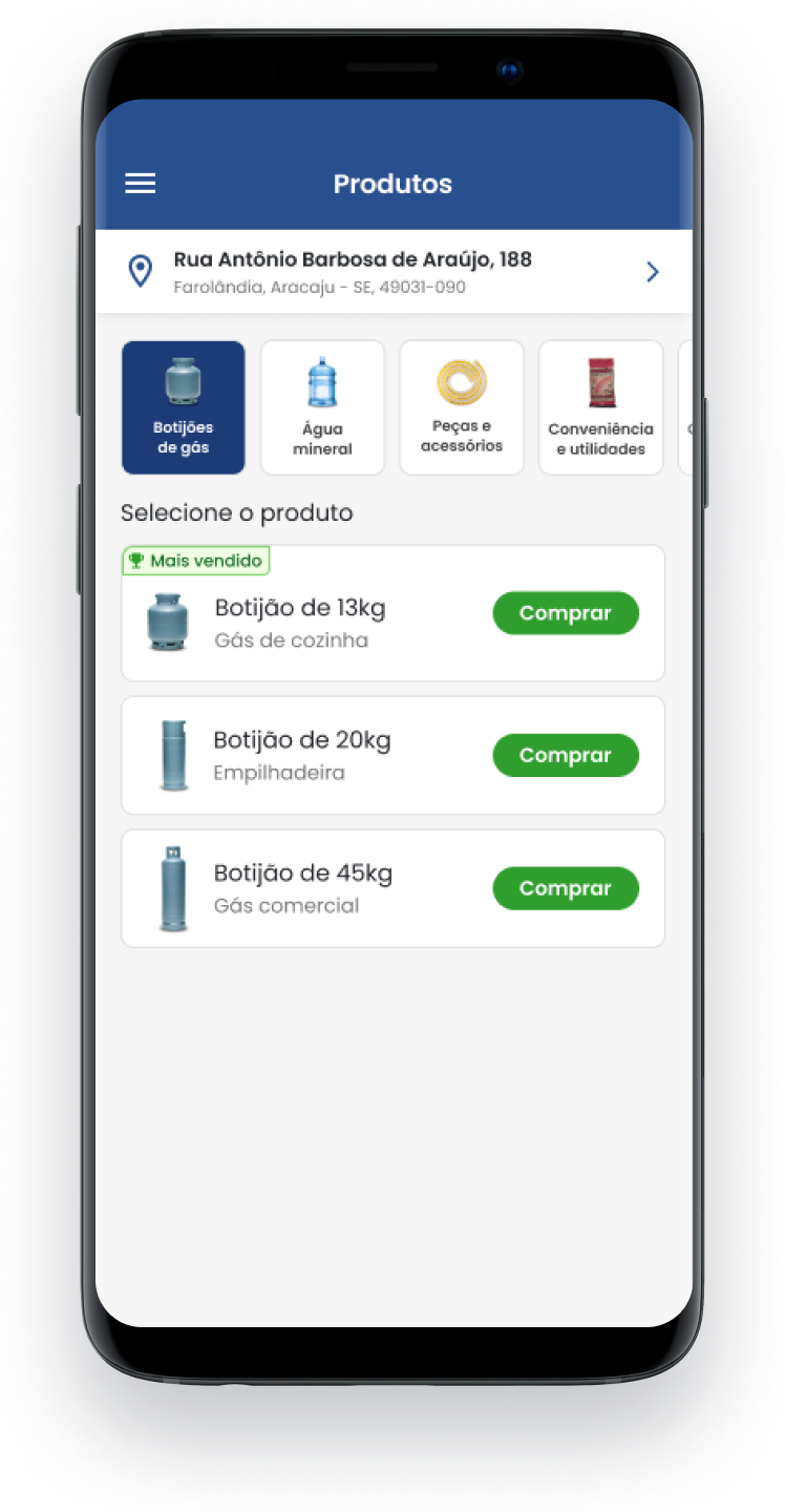 Celulares exibindo opções de botijões de gás: botijão de 13 kg, botijão de 20 kg e botijão de 45 kg.